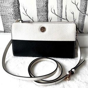 TORY BURCH Brody Pebble Leather Color Block Crossbody Wallet, Black & Ivory